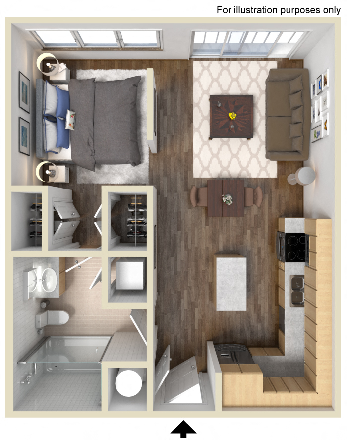 Floor plan for studio, 1 bath, 563 sqft